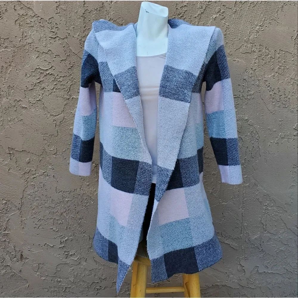 Loft open front gray and pink plaid coat